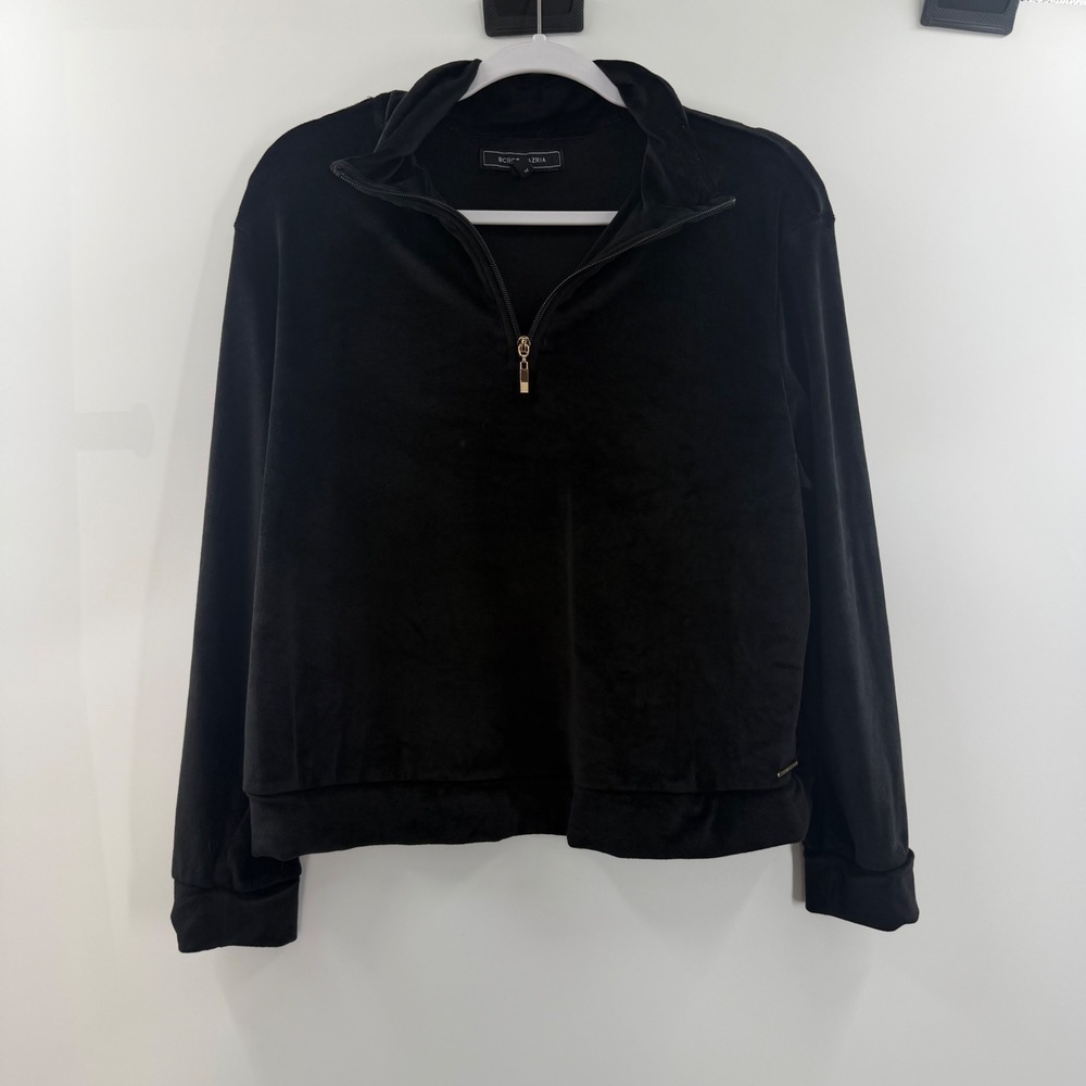 BCBGMAXAZRIA Black Velvet Quarter Zip Pullover Sweatshirt Womens M